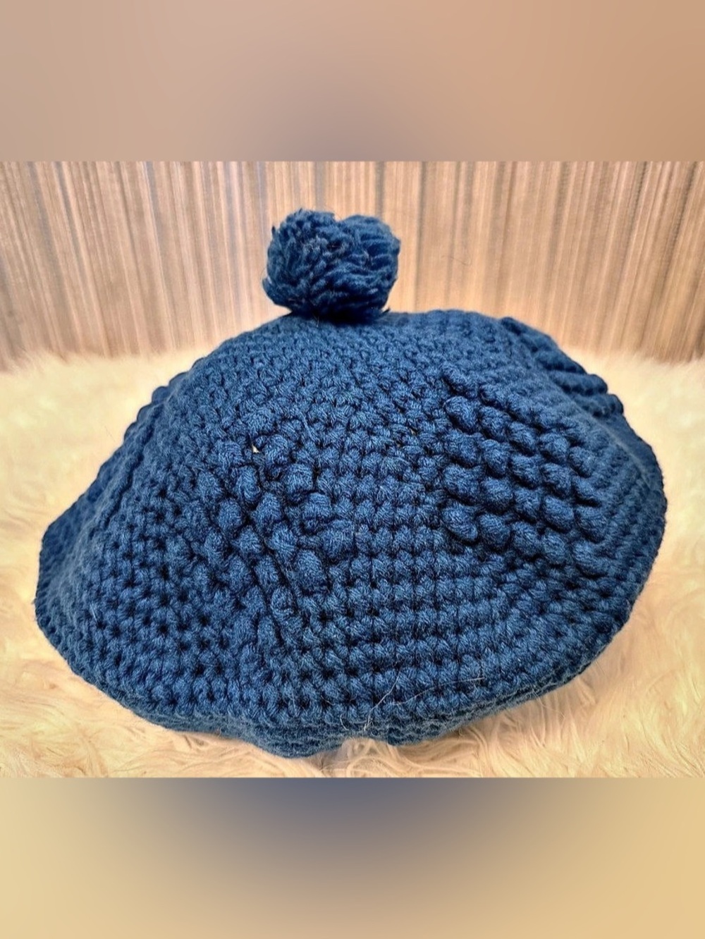 Blue Crochet Beret Pom Pom Hat Textured Boho Slouchy Knit